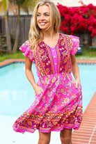 Haptics Find Romance Fuchsia Boho Floral Button V Neck Ruffle Dress Dresses