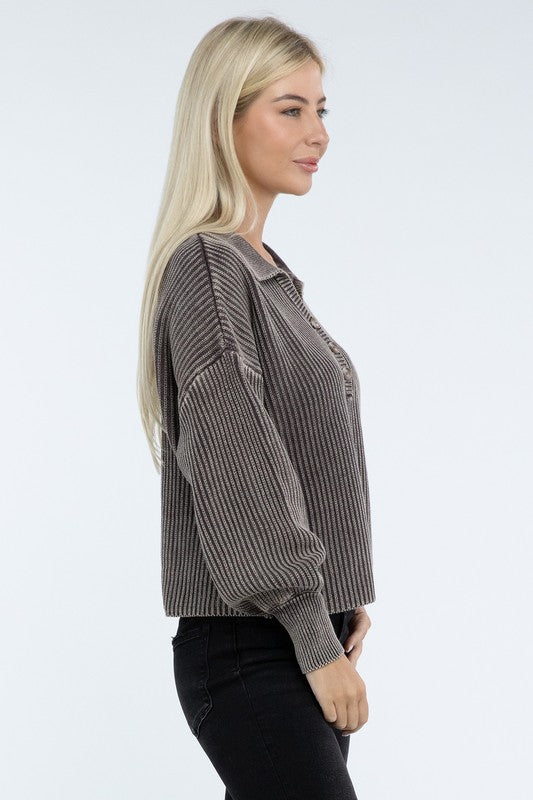 Zenana Washed Collared Henley Sweater in 6 Colors! ZENANA