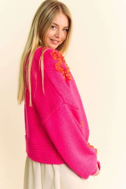 Davi & Dani Hot Pink Floral Applique Open Front Drop Shoulder Cardigan Trendsi