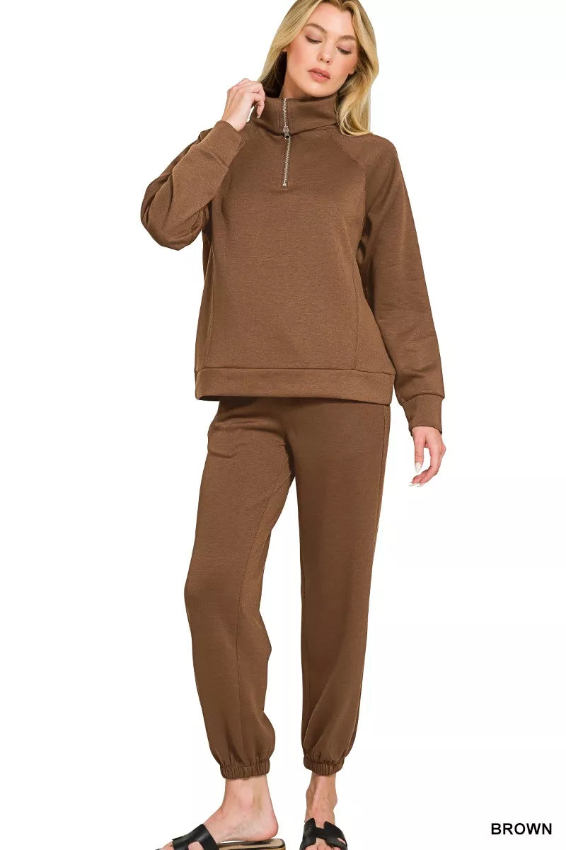 Zenana Scuba Half Zip Sweatshirts and Joggers Set BROWN