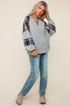 Haptics Gray & Navy Solid Thermal Knit Plaid Woven Loose Fit Sweater Top