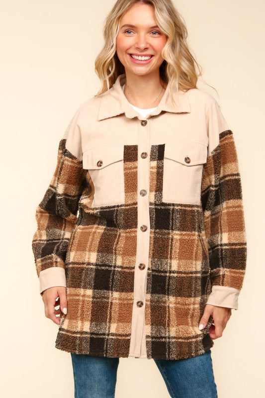 Haptics Taupe Corduroy & Plaid Sherpa Button Jacket Haptics