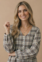 Haptics All in Check Pintuck Button Front Blouse in Oatmeal