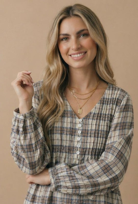 Haptics All in Check Pintuck Button Front Blouse in Oatmeal