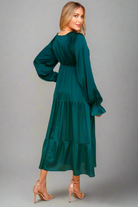 Haptics Elegant Hunter Green Elastic V Neck Tiered Satin Maxi Dress Haptics