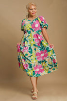 Umgee Mint Tiered Floral Print Notched Puff Sleeve Midi Dress