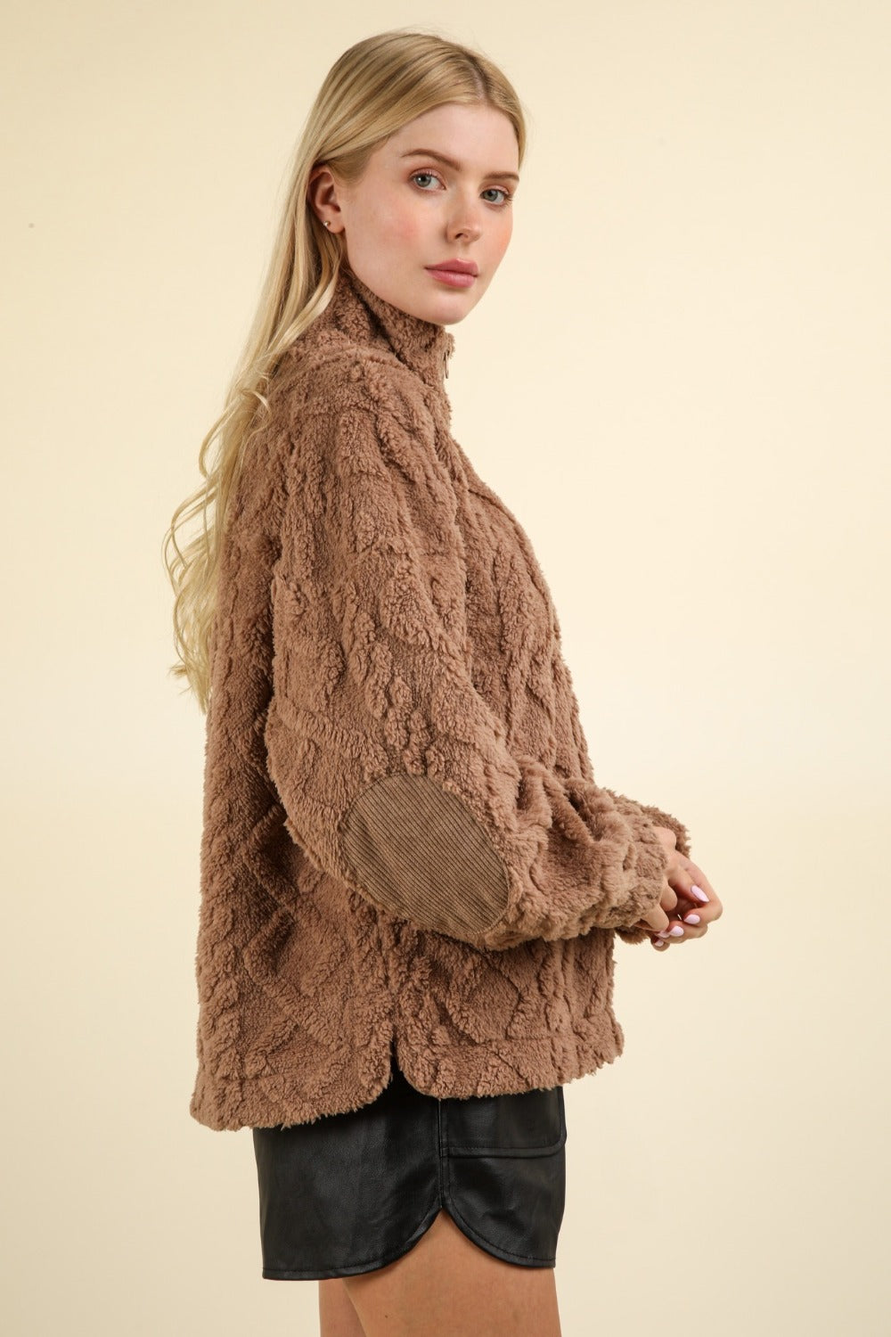 VERY J Fuzzy Fleece Half Zip Cable Pattern Sweatshirt in Mocha