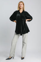 Umgee Black Velvet Beaded Button Up Half Sleeve Tunic