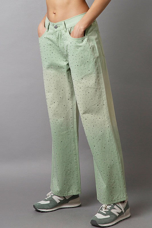 POL Light Green Front Embellishments Gradient Wide Leg Twill Pants Jeans