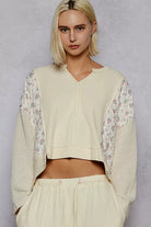 POL Cream Mix Thermal Floral Pattern Quilted Knit Cropped Top with Raw Edge Detail