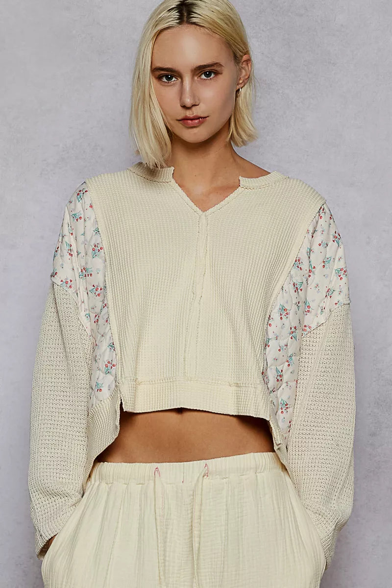 POL Cream Mix Thermal Floral Pattern Quilted Knit Cropped Top with Raw Edge Detail