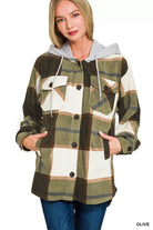 Zenana Olive Plaid Drawstring Hooded Fleece Shacket OLIVE