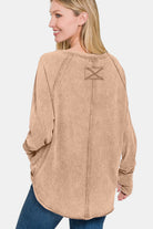 Zenana Acid Washed Scoop Neck Thumbhole Long Sleeve Top in Ash Mocha Shirts & Tops