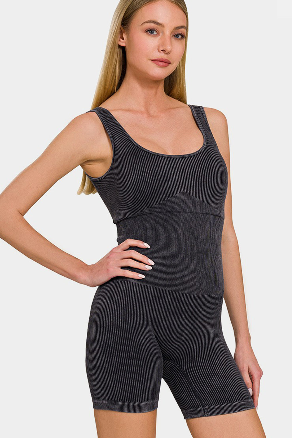 Zenana Washed Ribbed Romper with Pad Black Trendsi