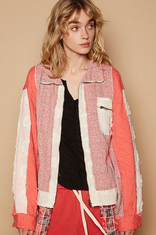 POL Coral Floral Patchwork Zip Up Long Sleeve Jacket Coral Coats & Jackets