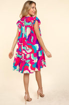 Haptics Go For Fun Fuchsia Geo Print Tiered Ruffle Sleeve Woven Dress