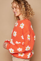 POL Sun Orange Daisy Pattern Drop Shoulder Balloon Sleeve Sweater Trendsi