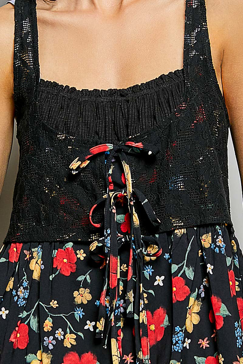 POL Black Ribbed Sleeveless Top with Lace Bust Floral Woven Patch