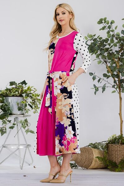 Celeste Fuchsia & Navy Multi Pattern Front Tie Midi Dress