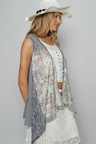 POL Lace Patchwork Floral Open Front Sleeveless Cardigan in Gray