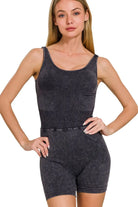 Zenana Black Washed Sports Romper With Removable Bra Pad