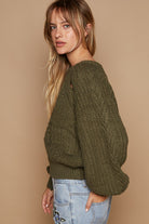 POL Dried Olive Cable Knit Keyhole Cutout Long Sleeve Sweater Trendsi