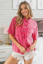 BiBi Fuchsia Mineral Washed Wrinkle Gauze Raw Edge Shirt Top