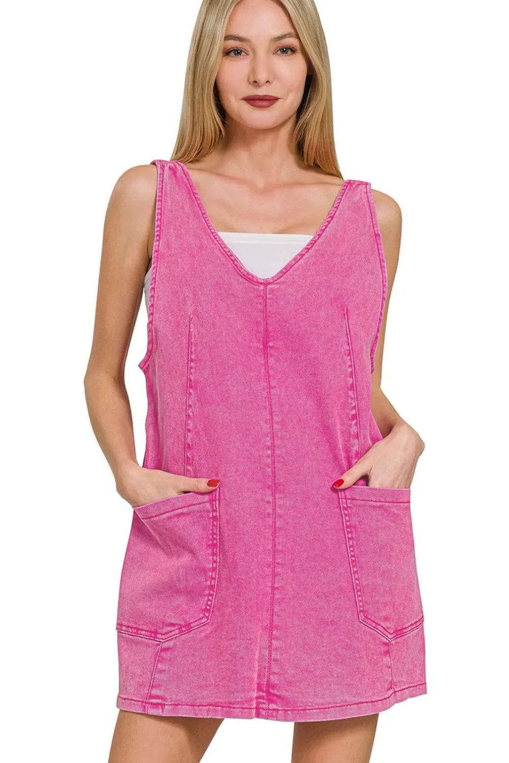Zenana Hot Pink Washed Adjustable Strap Denim Overall Dress HOT PINK