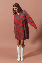 SO ME Christmas Checker Plaid Button Up Shirt Dress – Red Multi