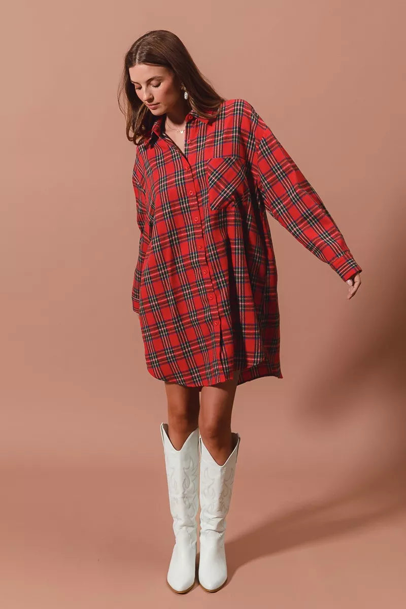 SO ME Christmas Checker Plaid Button Up Shirt Dress – Red Multi