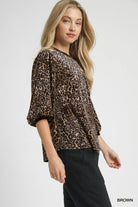 Umgee Brown Leopard Velvet Balloon Sleeve Blouse