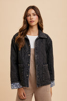 Annie Wear Black Quilted Printed Lining Snap Down Denim Jacket