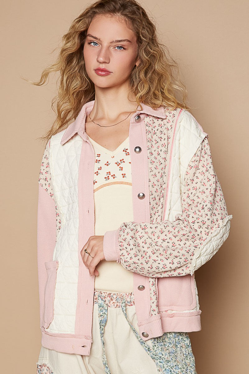 POL Pink Floral Exposed Seam Button Up Quilted Jacket Pink Multi Trendsi