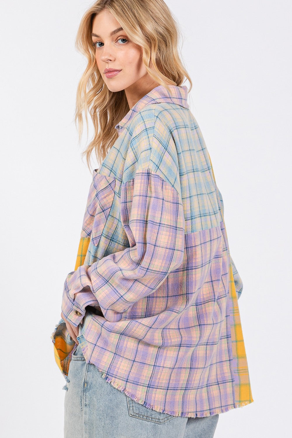 SAGE + FIG Lavender Button Up Raw Hem Plaid Flannel Shirt Trendsi