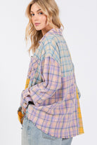 SAGE + FIG Lavender Button Up Raw Hem Plaid Flannel Shirt Trendsi