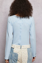 POL Powder Blue V-Neck Long Sleeve Ribbed Top with Lace-Accent Neckband
