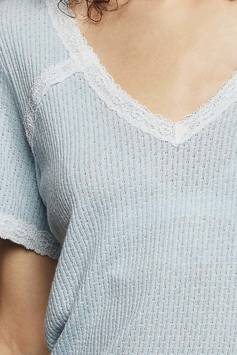 POL Powder Blue Lace Detail V-Neck Short Sleeve Textured T-Shirt