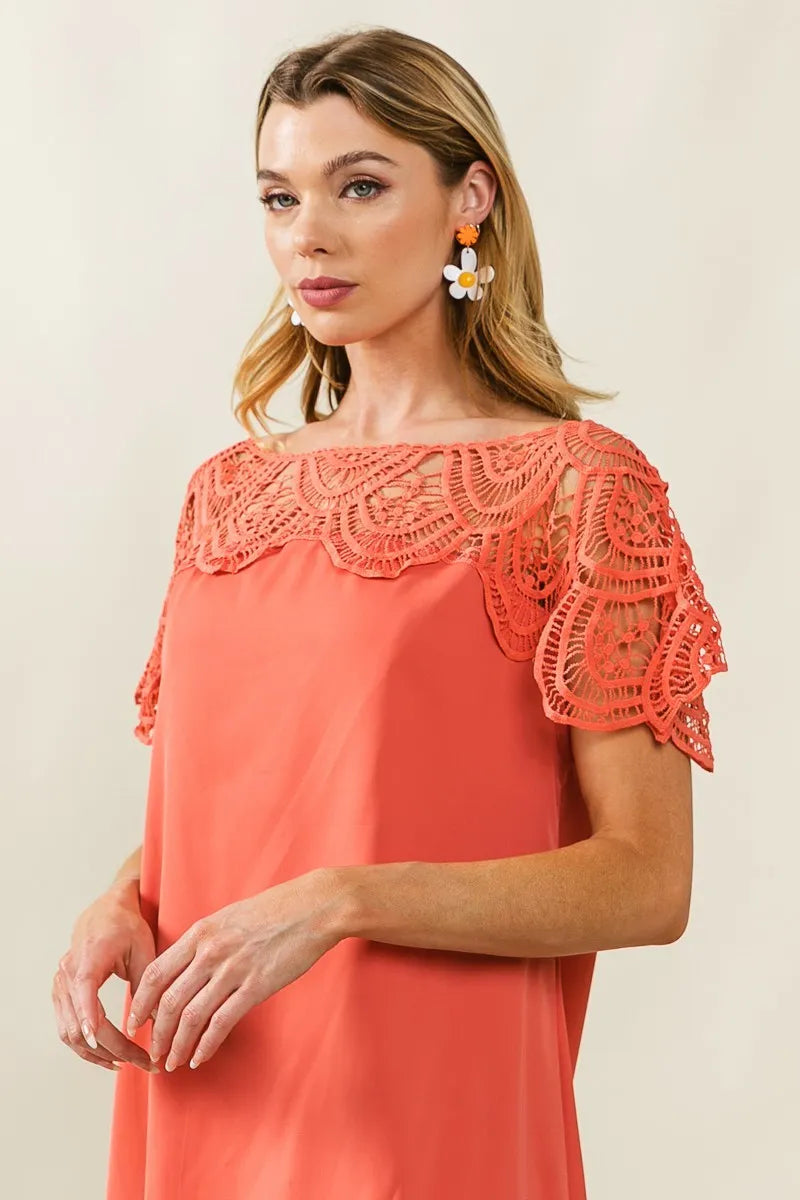 BiBi Apricot Crochet Lace Yoke Detailed Wrinkled Dress