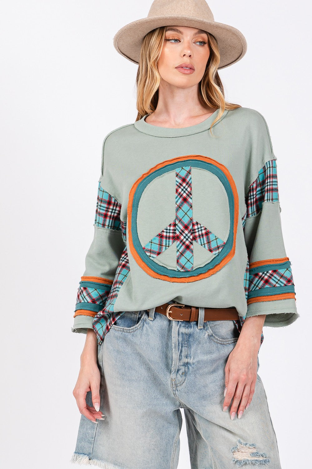 SAGE + FIG Peace Applique Patch Contrast Plaid Top in Autumn Sage Trendsi