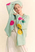 Davi & Dani Sage Fuzzy Smile Open Front Long Sleeve Cardigan