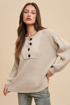 Annie Wear Oatmeal Half Button Ribbed Hem Sweater Oatmeal