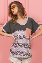 BiBi Charcoal Leopard Stripe with Slub Terry Color Block T-Shirt