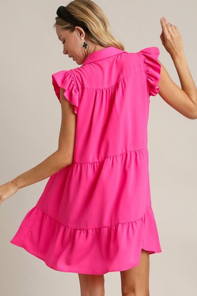 Umgee Hot Pink Johnny Collar Ruffle Cap Sleeve Tiered Dress Dresses