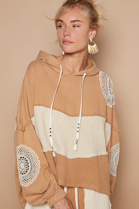 POL Wheat Openwork Contrast Dropped Shoulder Hoodie Wheat