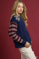 Umgee Navy Flower Jacquard Striped Long Sleeve Sweater