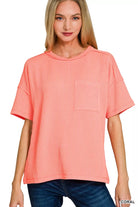 Zenana Coral Raised Rib Exposed Seam Short Sleeve Top CORAL