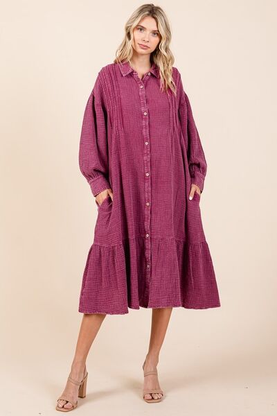 Mittoshop Deep Purple Mineral Wash Cotton Gauze Ruffle Midi Shirt Dress