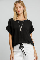 Umgee Black Drawstring Hem Round Neck Short Sleeve T-Shirt Black