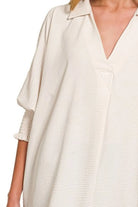 Zenana Sand Beige Airflow Collar Tee with Smocked Sleeve Band Top