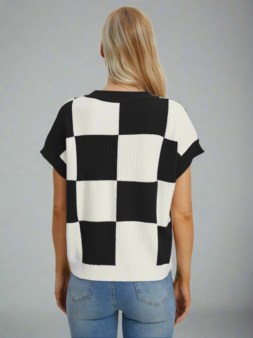 Double Take 4 Colors Checkered Textured Round Neck Short Sleeve Sweater Shirts & Tops